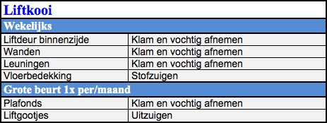 Schoonmaak programma liftkooi